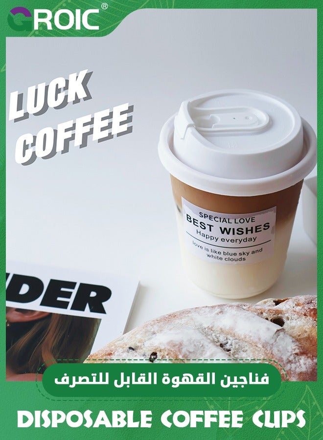 GROIC 50 عبوة أكواب بلاستيكية شفافة سعة 12 أونصة مع أغطية وملصق أنيق، أكواب قهوة مثلجة متينة وآمنة للطعام مع أغطية، أكواب قهوة مثلجة، أكواب بلاستيكية قابلة للتصرف، أكواب سموذي للمشروبات الباردة - Image 2