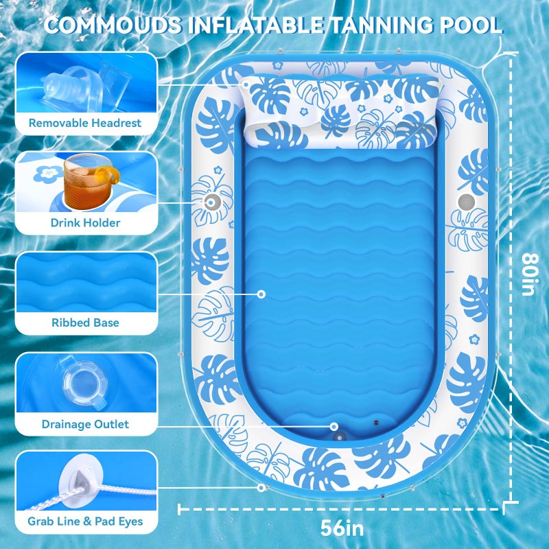 COMMOUDS Inflatable Tanning Pool Lounger Float with Cervical Pillow - Pool Floats Adult for Sunbathing, Backyard, Pool Party - Inflate Ball Pit for Babies - Kids Swimming Pool Bed (SkyBlue-XL(80" x 56")) - Image 2