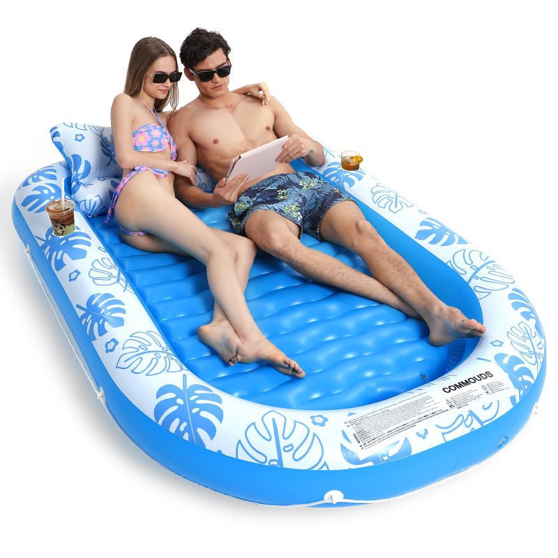 COMMOUDS Inflatable Tanning Pool Lounger Float with Cervical Pillow - Pool Floats Adult for Sunbathing, Backyard, Pool Party - Inflate Ball Pit for Babies - Kids Swimming Pool Bed (SkyBlue-XL(80" x 56")) - Image 1
