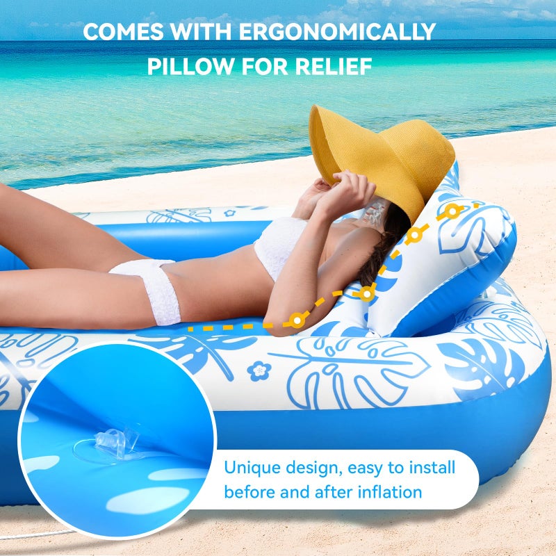 COMMOUDS Inflatable Tanning Pool Lounger Float with Cervical Pillow - Pool Floats Adult for Sunbathing, Backyard, Pool Party - Inflate Ball Pit for Babies - Kids Swimming Pool Bed (SkyBlue-XL(80" x 56")) - Image 4