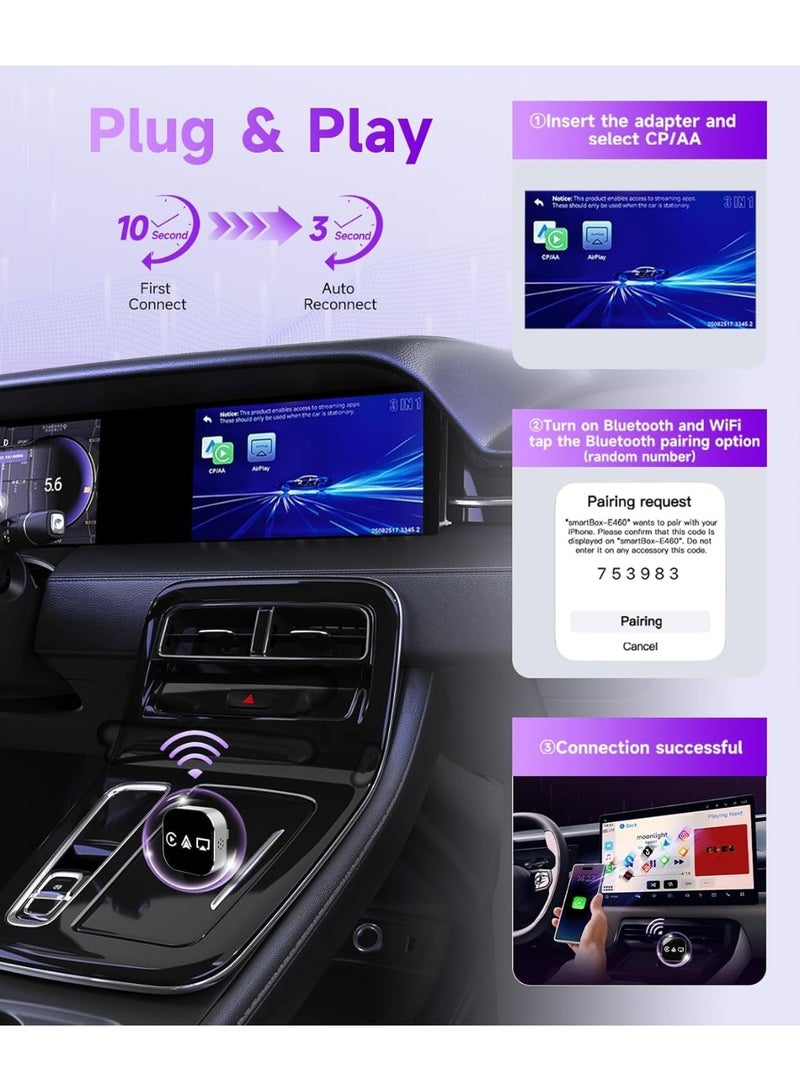 كوراكس 3-في-1 ميني اللاسلكي CarPlay محول (2026 ترقية) - مدمج في سلكي Carplay الروبوت التلقائي Airplay، Plug & Play، سريع التلقائي إعادة الاتصال، BT 5.0، USB / نوع-C، iOS10 + & الروبوت 11 +، واي فاي 5G (أسود) - Image 4