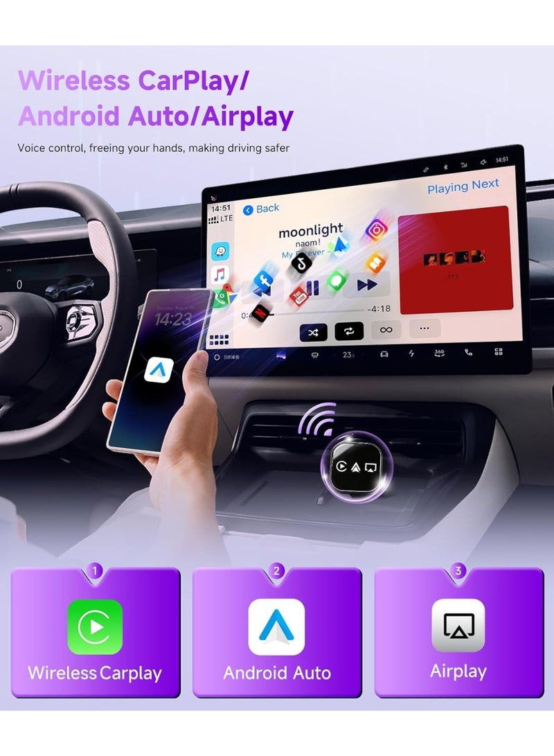 كوراكس 3-في-1 ميني اللاسلكي CarPlay محول (2026 ترقية) - مدمج في سلكي Carplay الروبوت التلقائي Airplay، Plug & Play، سريع التلقائي إعادة الاتصال، BT 5.0، USB / نوع-C، iOS10 + & الروبوت 11 +، واي فاي 5G (أسود) - Image 3