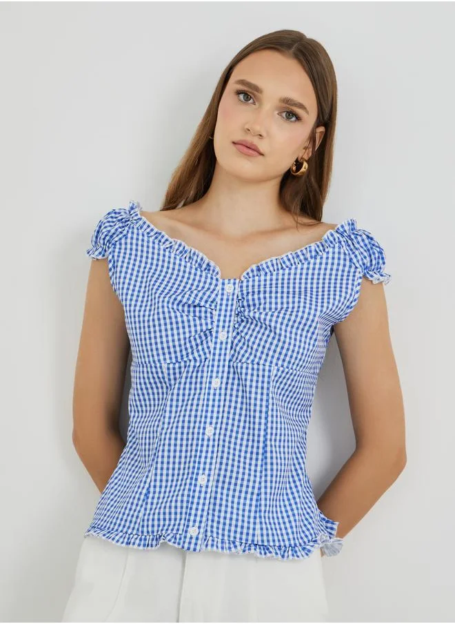 تايك تو Take Two Gingham Printed V-Neck Buttoned Blouse