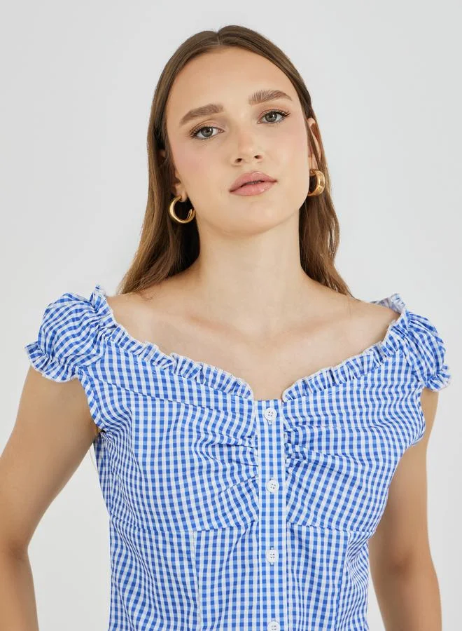 Take Two Take Two Gingham Printed V-Neck Buttoned Blouse