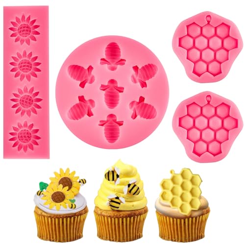 Ocmoiy 4 Pieces Bumble Bee Silicone Mold Honeycomb Sunflower and Bee Fondant Molds for Cupcake Cake Decorating Sugar Chocolate Candy Baking Mold - Image 1