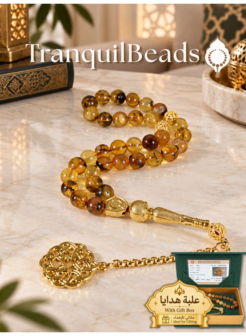 TranquilBeads Natural Burmese Amber Tasbih 33 Beads | Certified Genuine Amber Beads | Individual Certificate for Each Piece, Scan to Verify | Elegant Gift Box | Gift for Men - Image 1