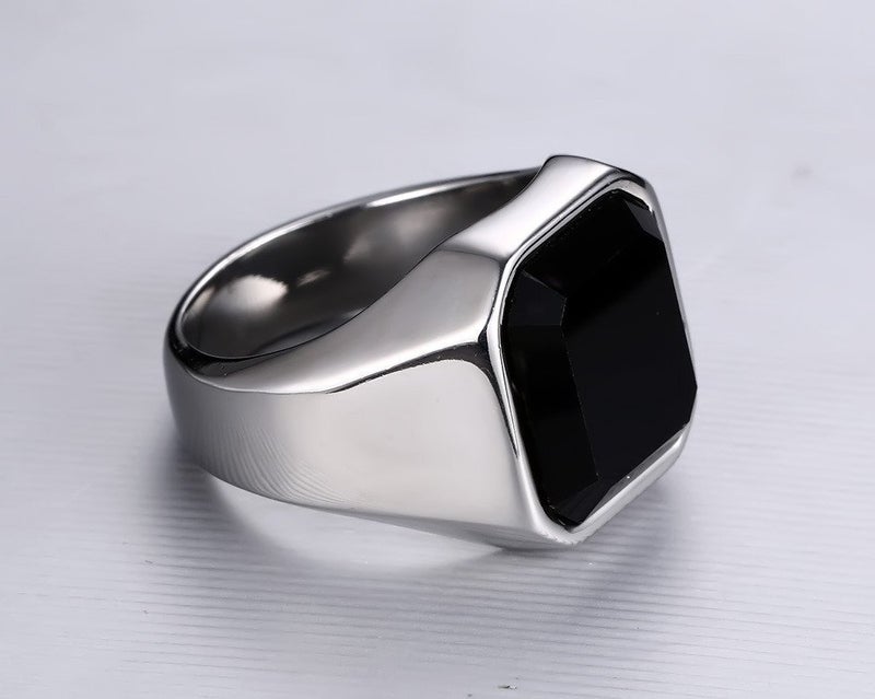 MEALGUET Jewelry Fashion Stainless Steel Signet Ring with Black Agate for Men, Size 9 - Image 3