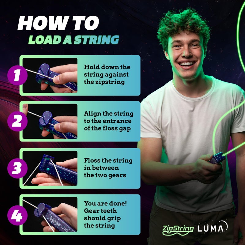 ZipString Luma Replacement Strings for Rope Launcher Toy, Pack of 5 - UV Reactive Glow in The Dark Fidget String for Kids & Adults - Shark Tank Featured Lasso Rope Loop String Replacement - Image 4