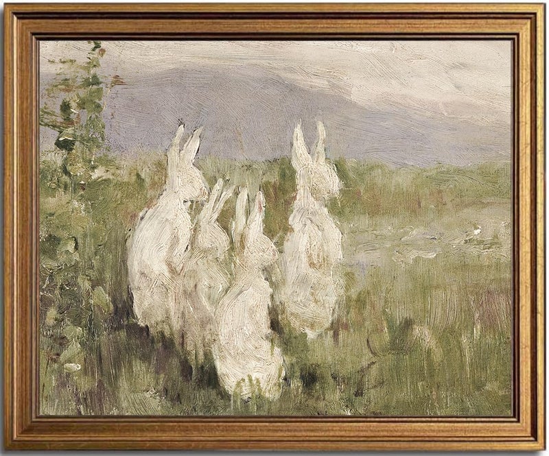 KBKBART Gold Framed Wall Art Vintage, Vintage Bunnies Decor Art Prints Classy Easter Bunnies Wall Art, Rustic Watercolor Rabbit Oil Painting Antique Moody Rabbit Animal Print for Bedroom, Living Room, Gallery, Vintage Pictures Wall Decor(8"x10") - Image 1