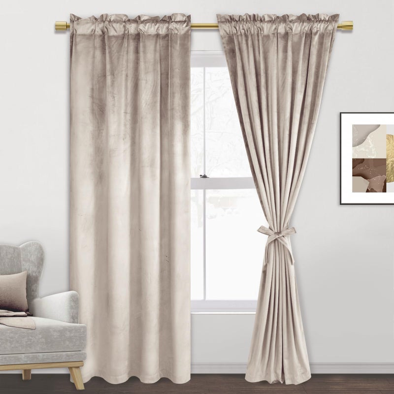 JIUZHEN Beige Light Filtering Velvet Curtains Privacy Protect Room Darkening Rod Pocket Thick Velvet Window Drapes for Bedroom/Dining Room  Set of 2 with Tiebacks  W52 x L72 inches - Image 1