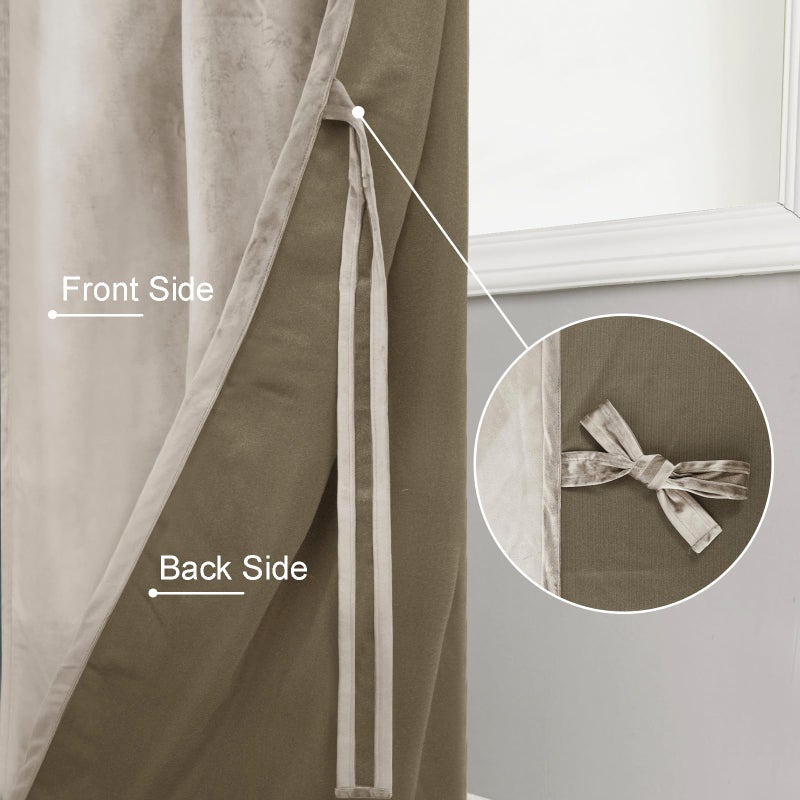 JIUZHEN Beige Light Filtering Velvet Curtains Privacy Protect Room Darkening Rod Pocket Thick Velvet Window Drapes for Bedroom/Dining Room  Set of 2 with Tiebacks  W52 x L72 inches - Image 4