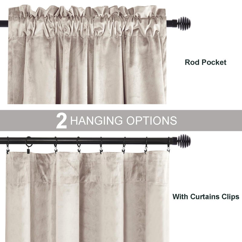 JIUZHEN Beige Light Filtering Velvet Curtains Privacy Protect Room Darkening Rod Pocket Thick Velvet Window Drapes for Bedroom/Dining Room  Set of 2 with Tiebacks  W52 x L72 inches - Image 3