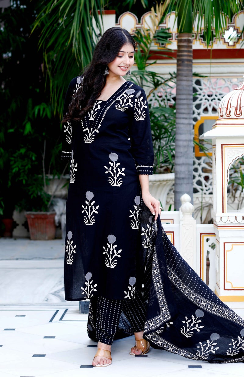 Miravan Womens Cotton Gota Patti Black Floral Printed Straight Suit Set - Image 2