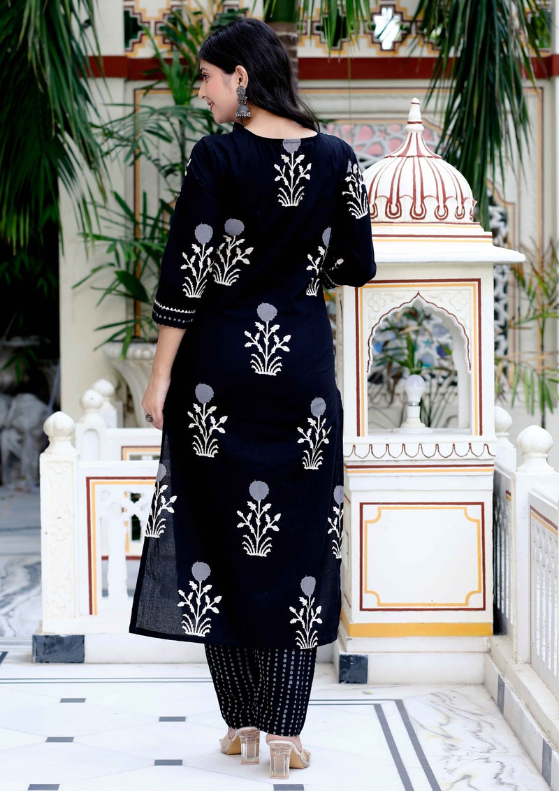 Miravan Womens Cotton Gota Patti Black Floral Printed Straight Suit Set - Image 4