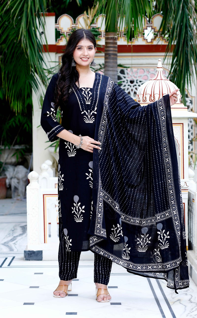 Miravan Womens Cotton Gota Patti Black Floral Printed Straight Suit Set - Image 1