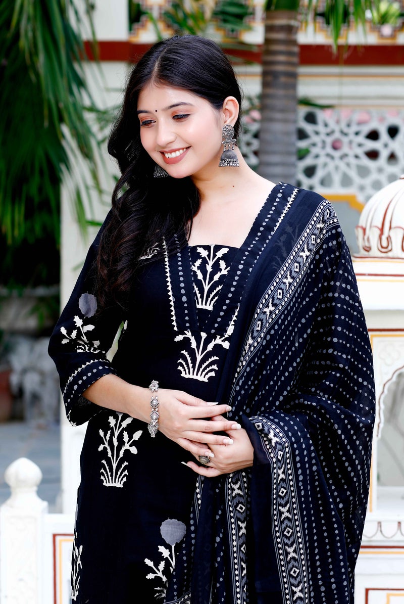 Miravan Womens Cotton Gota Patti Black Floral Printed Straight Suit Set - Image 5