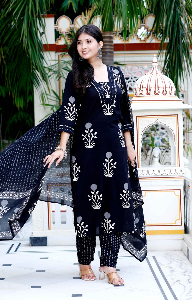 Miravan Womens Cotton Gota Patti Black Floral Printed Straight Suit Set - Image 3