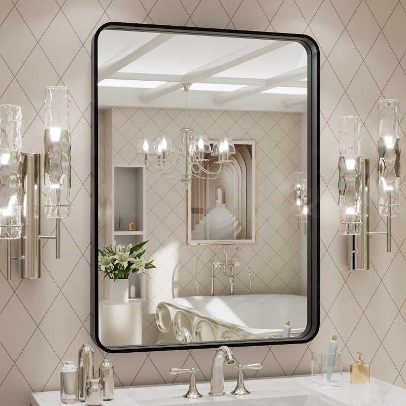 LOAAO مرآة حمام بإطار معدني أسود مقاس 24X32 بوصة للحوائط، مرآة حمام مطفية سوداء، مرآة مستطيلة كبيرة ذات حواف دائرية، مقاومة للصدأ، يمكن تعليقها أفقيًا أو عموديًا - Image 1