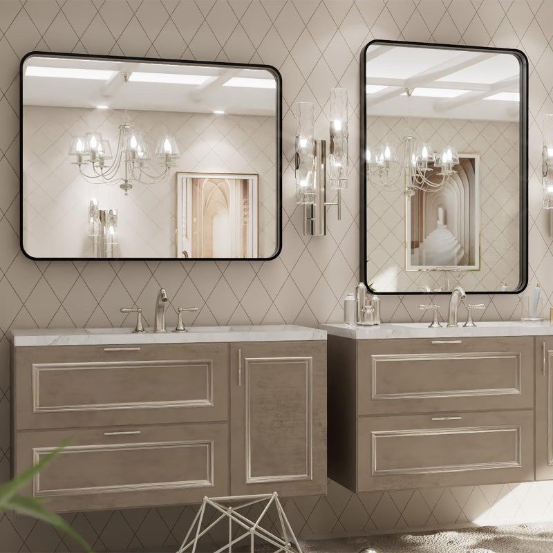 LOAAO مرآة حمام بإطار معدني أسود مقاس 24X32 بوصة للحوائط، مرآة حمام مطفية سوداء، مرآة مستطيلة كبيرة ذات حواف دائرية، مقاومة للصدأ، يمكن تعليقها أفقيًا أو عموديًا - Image 3