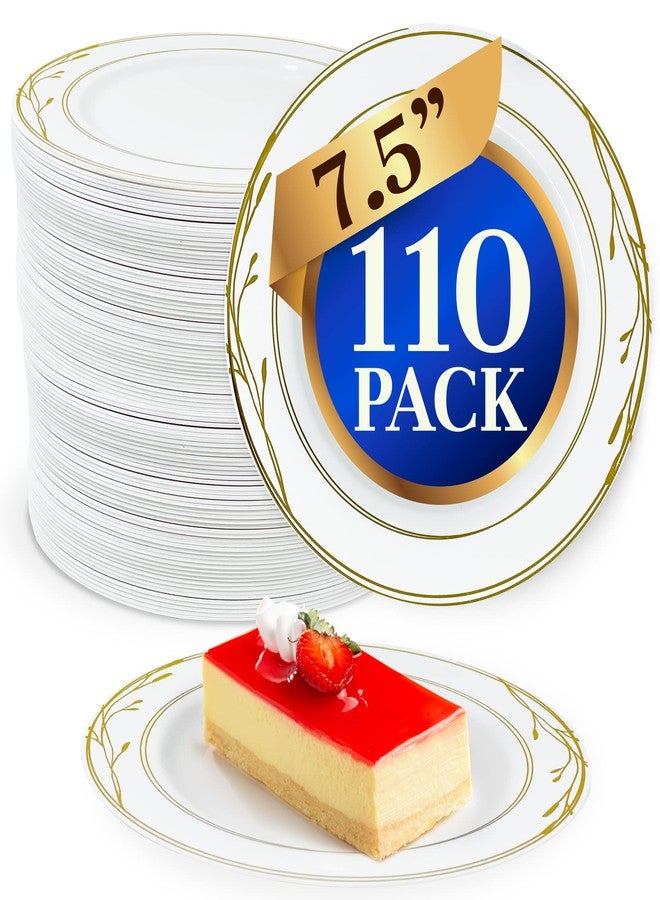 Reli. Disposable Plastic Plates, White & Gold Rim (110 Pcs, 7.5" Dessert Plate) | Hard Plastic Dessert/Salad/Cake | Heavy Duty Disposable Round Trays for Party, Wedding, Event (Gold Trim) - Image 1