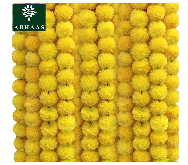 ABHAAS Artificial Marigold Flowers for Decoration Long Marigold Garlands for Decoration Toran Indian genda phool for Wedding & Festival |4.8 Feet Long |Yellow | 5 Strings - Image 1
