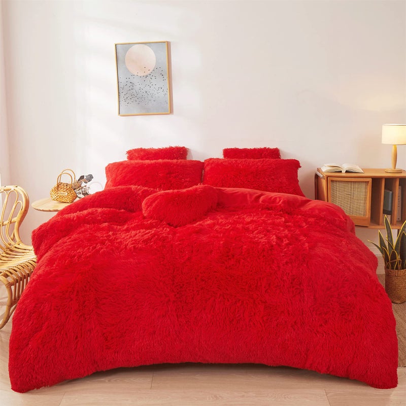 FOPPA Christmas Comforter Cover Queen  Ultra Soft Plush Bedding Set 3 Pieces 1 Faux Fur Duvet Cover  2 Faux Fur Pillow Cases Red Bed Set