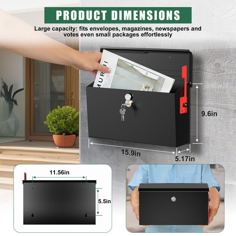 Profasion Large Wall Mount Mailbox for Outside with Flag, Locking Mailbox Wall Mounted, Galvanized Steel Rustproof Metal Mailbox, Modern Mail Box for House Outside, Black, 15.9''x9.6''x5.2'' - Image 2