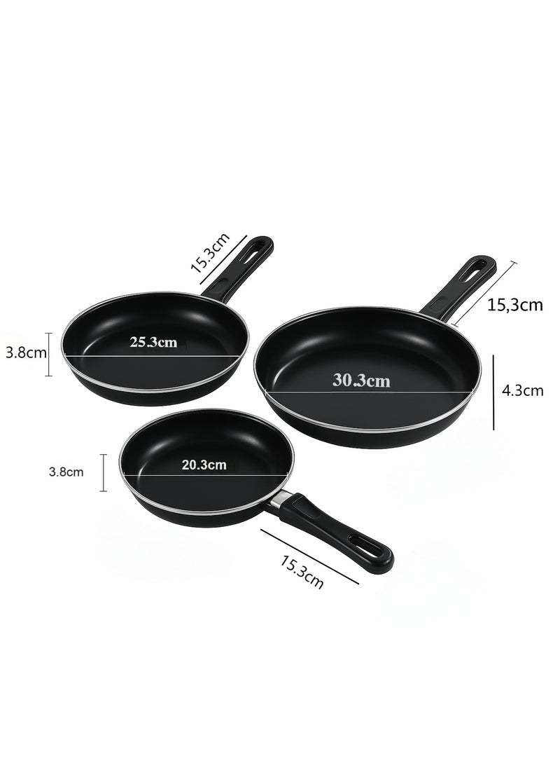 3-Piece Non-Stick Frying Pan Set – Small 20.3cm, Medium 25.3cm, Large 30.3cm – Deep Skillet Pans with Comfortable Heat-Resistant Handles – Nonstick Interior for Easy Food Release and Healthy Cooking – Durable and Scratch-Resistant Coating – Lightweight and Strong Aluminum Body – Compatible with All Heat Sources: Induction, Gas, Electric, Ceramic, Halogen – Perfect for Frying Eggs, Sauteing Vegetables, Cooking Meat, Pancakes, Stir-Fry and More – Sleek Black Finish with Elegant Silver Rim – Even Heat Distribution for Better Cooking Results – Easy to Clean, Dishwasher Safe – Great for Home, Apartment, Dorm, or Professional Kitchen Use – Stackable for Compact Storage – Ideal Gift for Housewarming, Wedding, or Kitchen Upgrade – Multipurpose Pans for Breakfast, Lunch, Dinner – Essential Nonstick Cookware Set for Everyday Use – Oven Safe Under Medium Heat – Ergonomic Handle for Firm Grip – Oil-Free Cooking for Healthier Meals – Fast Heating Surface for Time-Saving Cooking