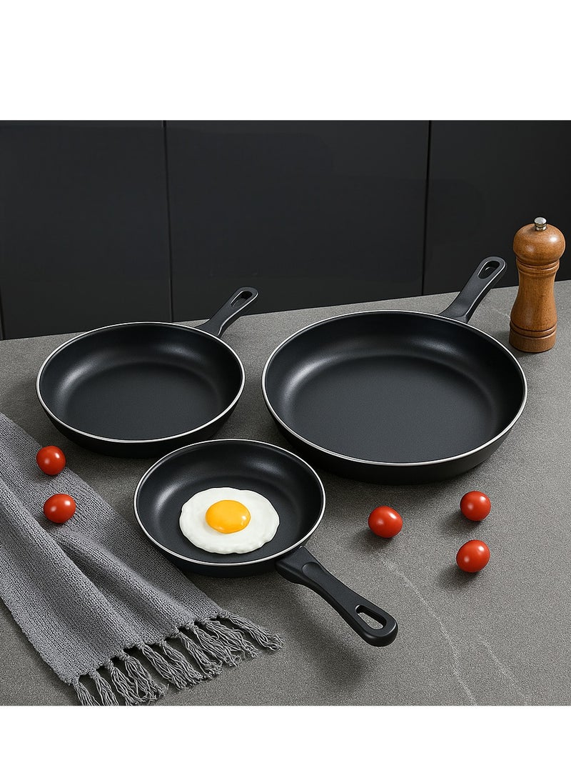 3-Piece Non-Stick Frying Pan Set – Small 20.3cm, Medium 25.3cm, Large 30.3cm – Deep Skillet Pans with Comfortable Heat-Resistant Handles – Nonstick Interior for Easy Food Release and Healthy Cooking – Durable and Scratch-Resistant Coating – Lightweight and Strong Aluminum Body – Compatible with All Heat Sources: Induction, Gas, Electric, Ceramic, Halogen – Perfect for Frying Eggs, Sauteing Vegetables, Cooking Meat, Pancakes, Stir-Fry and More – Sleek Black Finish with Elegant Silver Rim – Even Heat Distribution for Better Cooking Results – Easy to Clean, Dishwasher Safe – Great for Home, Apartment, Dorm, or Professional Kitchen Use – Stackable for Compact Storage – Ideal Gift for Housewarming, Wedding, or Kitchen Upgrade – Multipurpose Pans for Breakfast, Lunch, Dinner – Essential Nonstick Cookware Set for Everyday Use – Oven Safe Under Medium Heat – Ergonomic Handle for Firm Grip – Oil-Free Cooking for Healthier Meals – Fast Heating Surface for Time-Saving Cooking