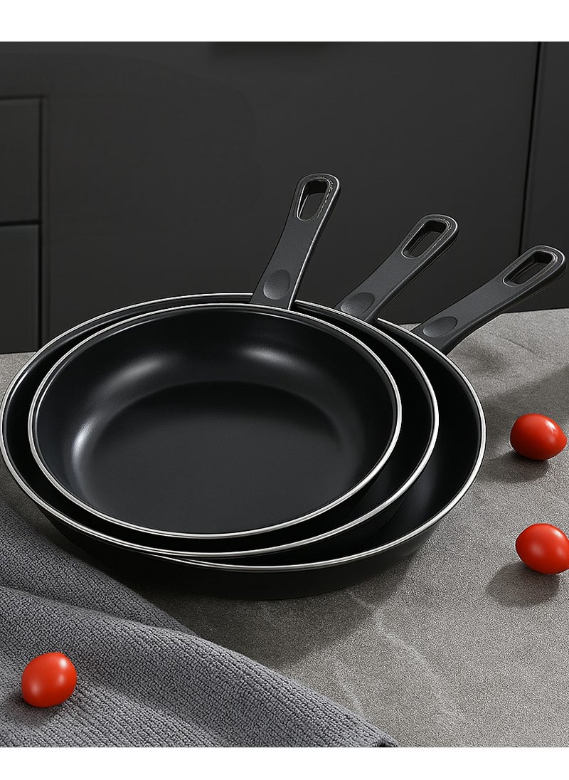 3-Piece Non-Stick Frying Pan Set – Small 20.3cm, Medium 25.3cm, Large 30.3cm – Deep Skillet Pans with Comfortable Heat-Resistant Handles – Nonstick Interior for Easy Food Release and Healthy Cooking – Durable and Scratch-Resistant Coating – Lightweight and Strong Aluminum Body – Compatible with All Heat Sources: Induction, Gas, Electric, Ceramic, Halogen – Perfect for Frying Eggs, Sauteing Vegetables, Cooking Meat, Pancakes, Stir-Fry and More – Sleek Black Finish with Elegant Silver Rim – Even Heat Distribution for Better Cooking Results – Easy to Clean, Dishwasher Safe – Great for Home, Apartment, Dorm, or Professional Kitchen Use – Stackable for Compact Storage – Ideal Gift for Housewarming, Wedding, or Kitchen Upgrade – Multipurpose Pans for Breakfast, Lunch, Dinner – Essential Nonstick Cookware Set for Everyday Use – Oven Safe Under Medium Heat – Ergonomic Handle for Firm Grip – Oil-Free Cooking for Healthier Meals – Fast Heating Surface for Time-Saving Cooking