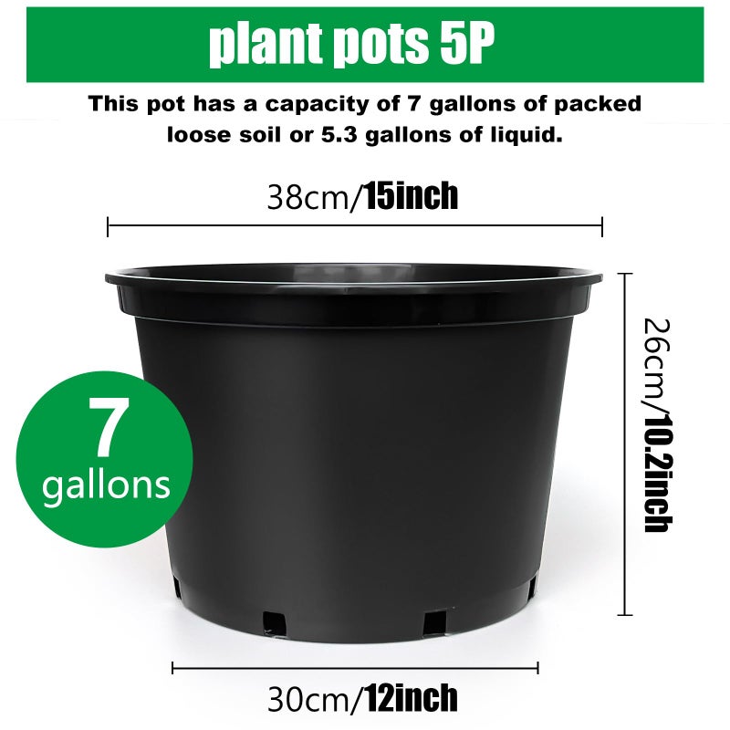 RooTrimmer 7 Gallon Plastic Nursery Pots, 15 Inch Large Plastic Pots for Plants, Round Plant Pots with Drainage Holes, Flower Pots for Outdoor Indoor Plants, Gardening Gifts for Women (5-Pack, Black) - Image 2