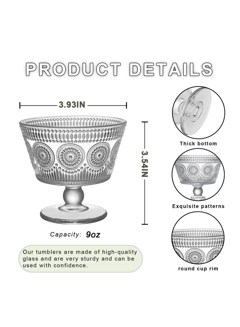 SYOSI أوعية زجاجية للحلويات عتيقة، مجموعة من 4، أكواب زجاجية آيس كريم سونداي بسعة 9 أونصات بنمط عباد الشمس، مثالية للآيس كريم، الشراب، الفواكه، الوجبات الخفيفة، الزبادي، والمقبلات (4 قطع) - Image 2