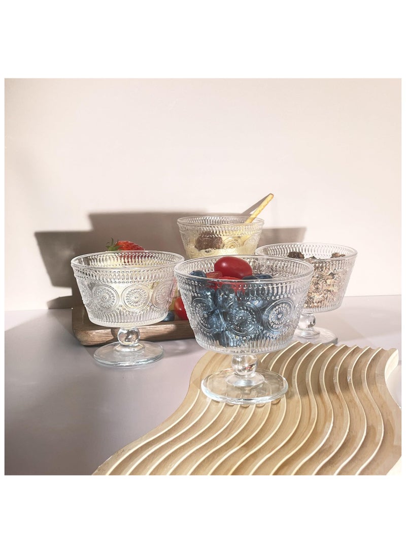 SYOSI أوعية زجاجية للحلويات عتيقة، مجموعة من 4، أكواب زجاجية آيس كريم سونداي بسعة 9 أونصات بنمط عباد الشمس، مثالية للآيس كريم، الشراب، الفواكه، الوجبات الخفيفة، الزبادي، والمقبلات (4 قطع) - Image 3