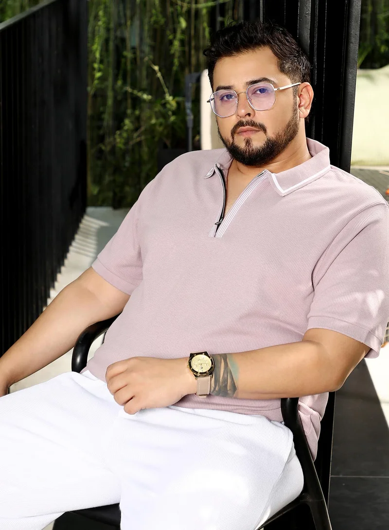 Men Micro-Waffle Polo T-Shirt | Tipping Polo Neck, Short Ribbed-Cuff Sleeves | Half-Zip Closure, Straight Hem | Solid Textured Knit Fabric For Plus Size Casual & Daily Wear | Blush Pink