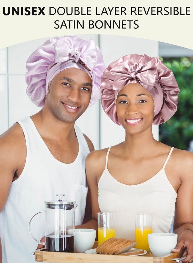 AWAYTR Satin Bonnet Wrap for Sleeping Cap Reversible with Tie Band Night Cap, Reversible Satin Bonnet (Bean Paste + Light Purple), 7 7/8-8 - Image 2