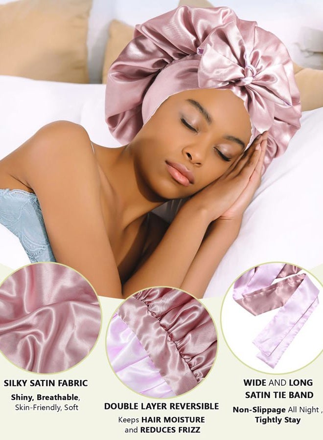 AWAYTR Satin Bonnet Wrap for Sleeping Cap Reversible with Tie Band Night Cap, Reversible Satin Bonnet (Bean Paste + Light Purple), 7 7/8-8 - Image 4