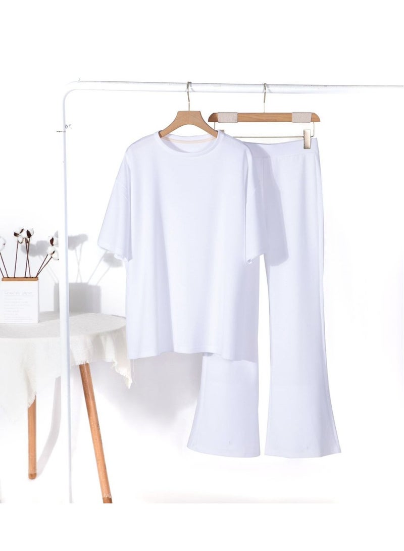 Himmel Tek Women's Knit 2 Piece Outfits - Short Sleeve Sweater Pullover Tops and Wide Leg Pants Tracksuits Lounge Set - Stylish Fall Coord Suit for Casual & Loungewear 
