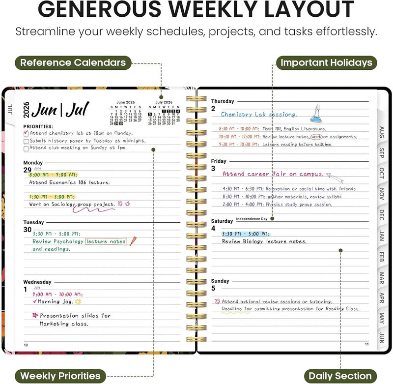 Taja Planner 2026–2027 Academic Book, Weekly and Monthly Layout, July 2026 to June 2027, Hardcover Agenda with Tabs, School and Office Supplies, A5 Size 6.3" x 8.5" - Lily Garden - Image 3