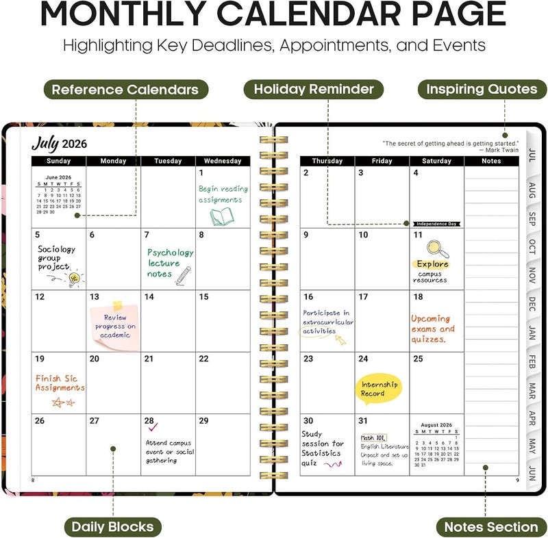 Taja Planner 2026–2027 Academic Book, Weekly and Monthly Layout, July 2026 to June 2027, Hardcover Agenda with Tabs, School and Office Supplies, A5 Size 6.3" x 8.5" - Lily Garden - Image 2