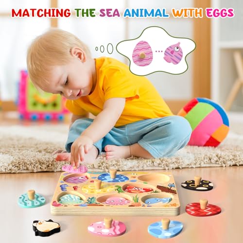 Zeoddler Wooden Puzzles for Toddlers 8 Pcs Sea Animal Matching Egg Puzzle Montessori Toys for Boy Girl Easter Birthday Gifts Preschool Learning Activities Educational Toys for Boys Girls - Image 5