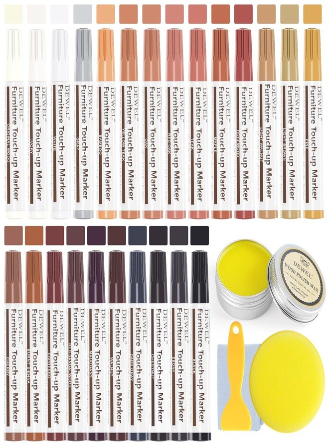DEWEL Furniture Markers Touch Up, 24 Colors Wood Markers Furniture Repair with Polish Wax, Upgrade Furniture Repair Kit, Repair Pens for Scratches, Floor, Table, Cabinet, Bedpost - Image 1