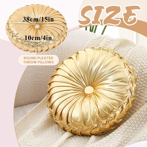 Drydiet Gold Throw Pillows Decorative Round Pillows for Couch 15 Pleated Pumpkin Cushion Smooth Metallic Leather for Home Decor Bedroom Living Room Couch Bed1 Pcs - Image 3