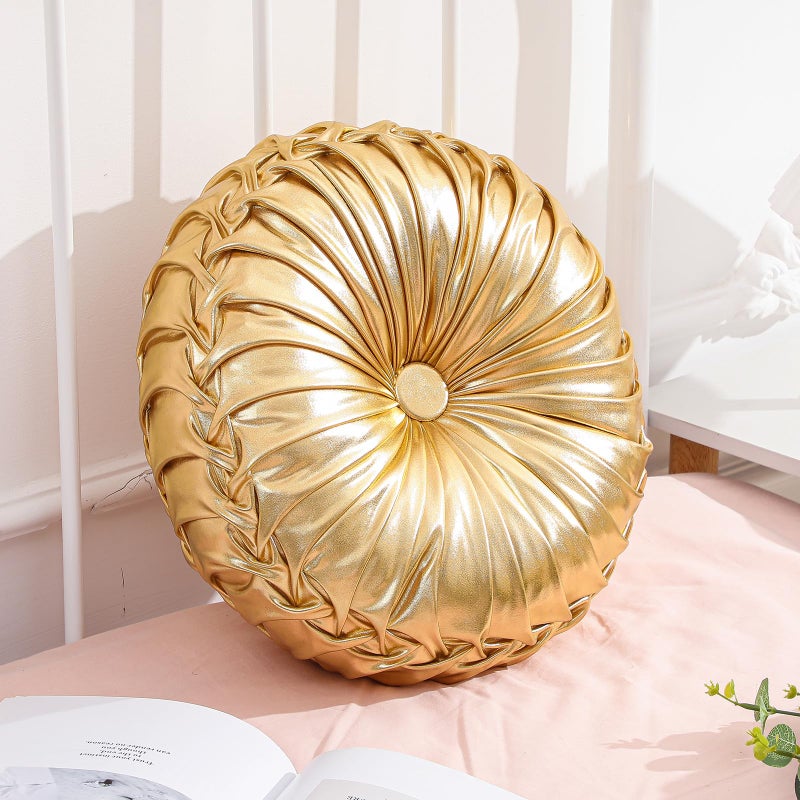 Drydiet Gold Throw Pillows Decorative Round Pillows for Couch 15 Pleated Pumpkin Cushion Smooth Metallic Leather for Home Decor Bedroom Living Room Couch Bed1 Pcs - Image 2