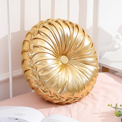 Drydiet Gold Throw Pillows Decorative Round Pillows for Couch 15 Pleated Pumpkin Cushion Smooth Metallic Leather for Home Decor Bedroom Living Room Couch Bed1 Pcs - Image 1