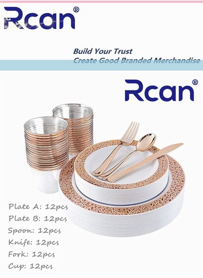 Rcan 72 Pcs/set Rose Gold Upscale Wedding Dining Party Disposable Plastic Hollow-carved Cutlery Set, Party Supplies Plate, Spoon, Fork, Knife, Cup, Party Tableware (12 Guest)  - Image 1
