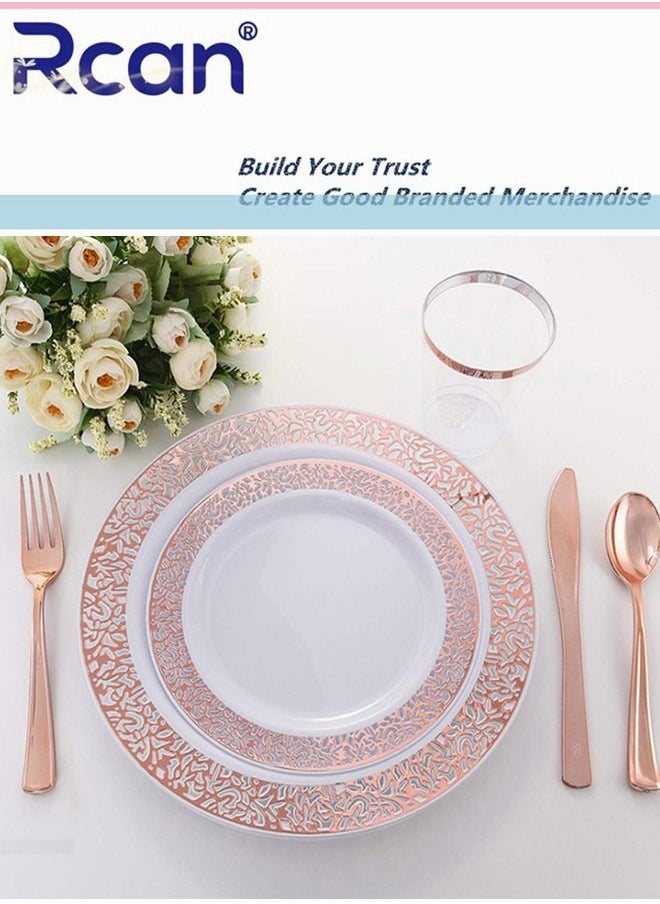 Rcan 72 Pcs/set Rose Gold Upscale Wedding Dining Party Disposable Plastic Hollow-carved Cutlery Set, Party Supplies Plate, Spoon, Fork, Knife, Cup, Party Tableware (12 Guest)  - Image 2