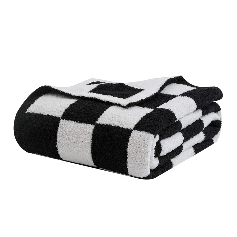 بطانية فuzzy Checkerboard Grid ناعمة دافئة من الألياف الدقيقة لجميع فصول السنة لتزيين الأريكة أو السرير أو السفر في المنزل باللون الأسود 50x60