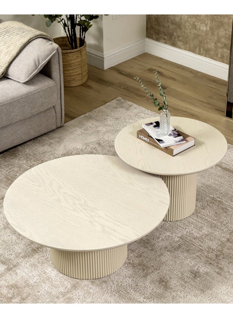 VANITY LIVING VANITY LIVING Coffee Table - Modena Wooden Round Beige Set of Two  - Image 3