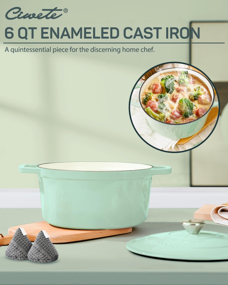 Ciwete 6 QT Dutch Oven Pot with Lid, Enameled Cast Iron Dutch Oven for Bread Making, Braiser, Cooking, Dual Handles, Oven Safe up to 500Â° F or on Stovetop, Gifts for Family - Mint Green - Image 2