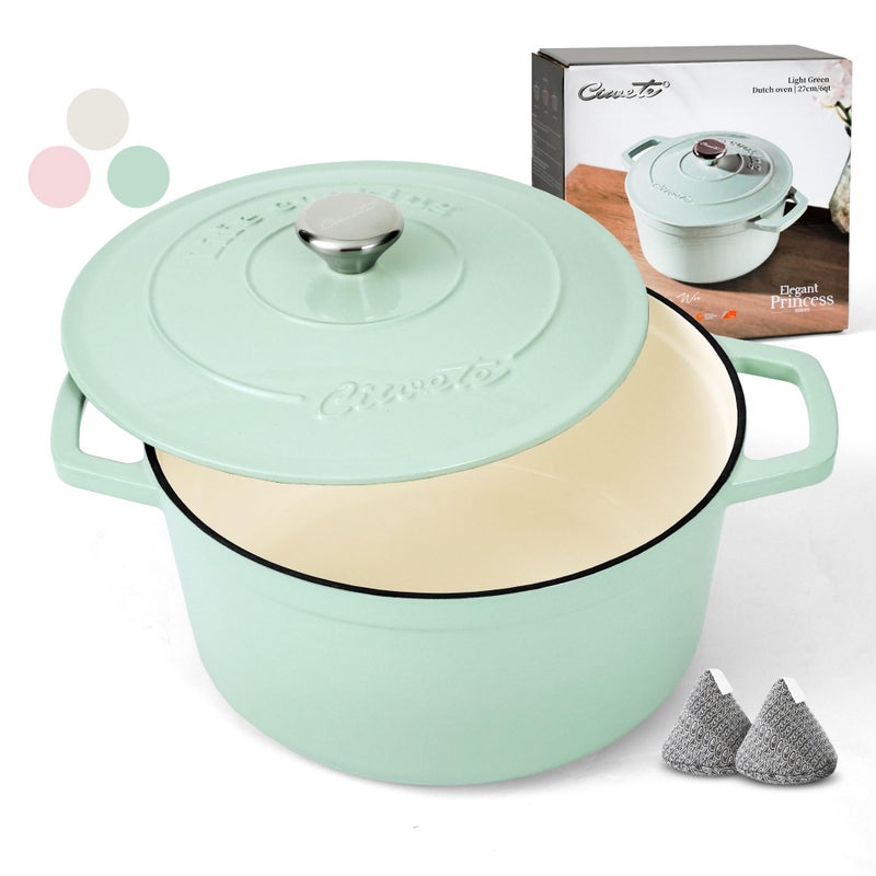 Ciwete 6 QT Dutch Oven Pot with Lid, Enameled Cast Iron Dutch Oven for Bread Making, Braiser, Cooking, Dual Handles, Oven Safe up to 500Â° F or on Stovetop, Gifts for Family - Mint Green - Image 1